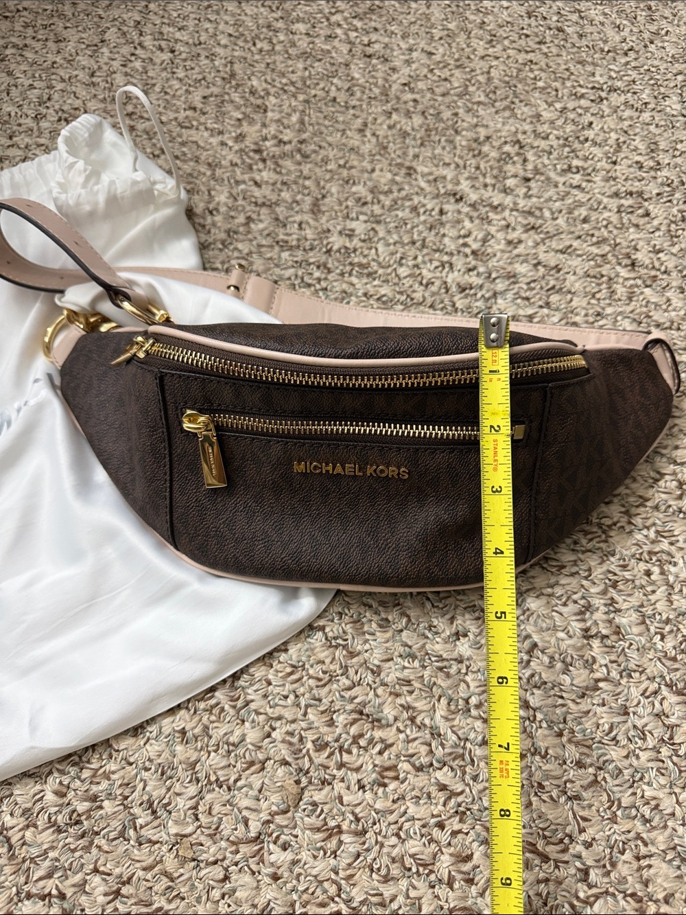 Michael Kors Brown Monogram Crossbody Belt Bag with Gold Hardware and pink Trim - Picture 9 of 9